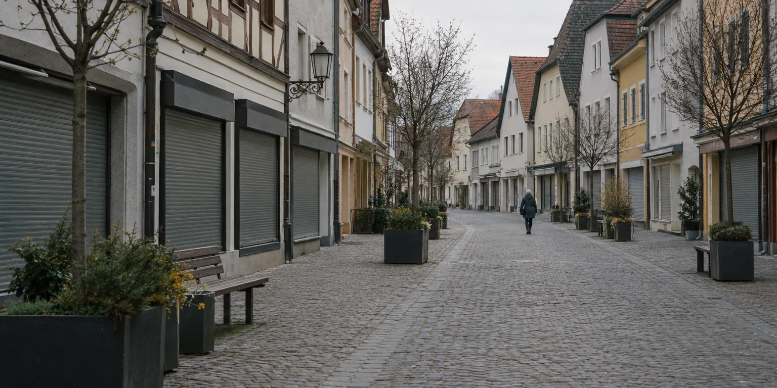 Menschenleere Fußgängerzone einer deutschen Kleinstadt im Frühjahr 2020 mit heruntergelassenen Rollläden
