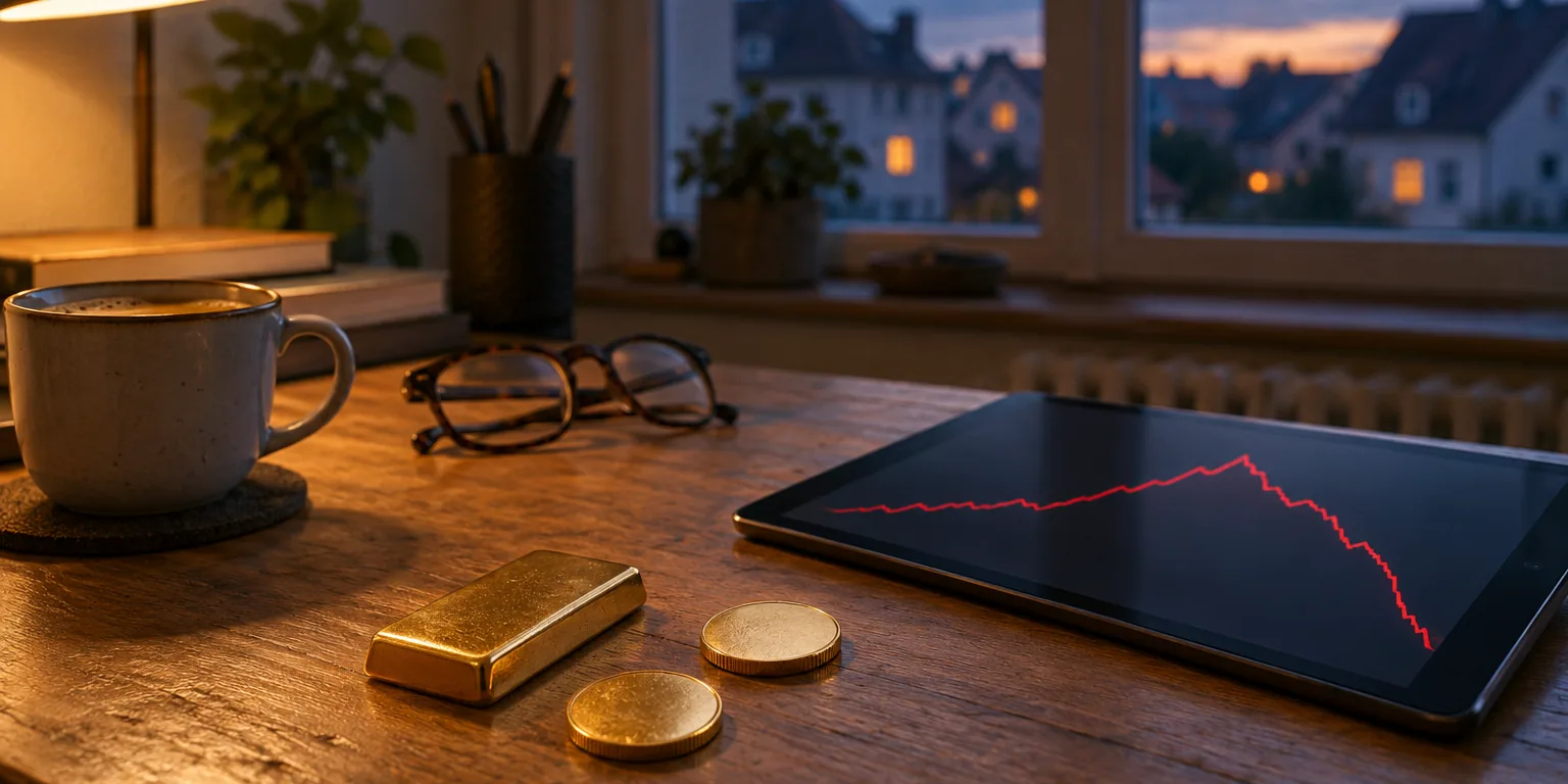 Kleiner Goldbarren und zwei Goldmünzen auf einem Schreibtisch, daneben ein Tablet mit fallender Kurslinie